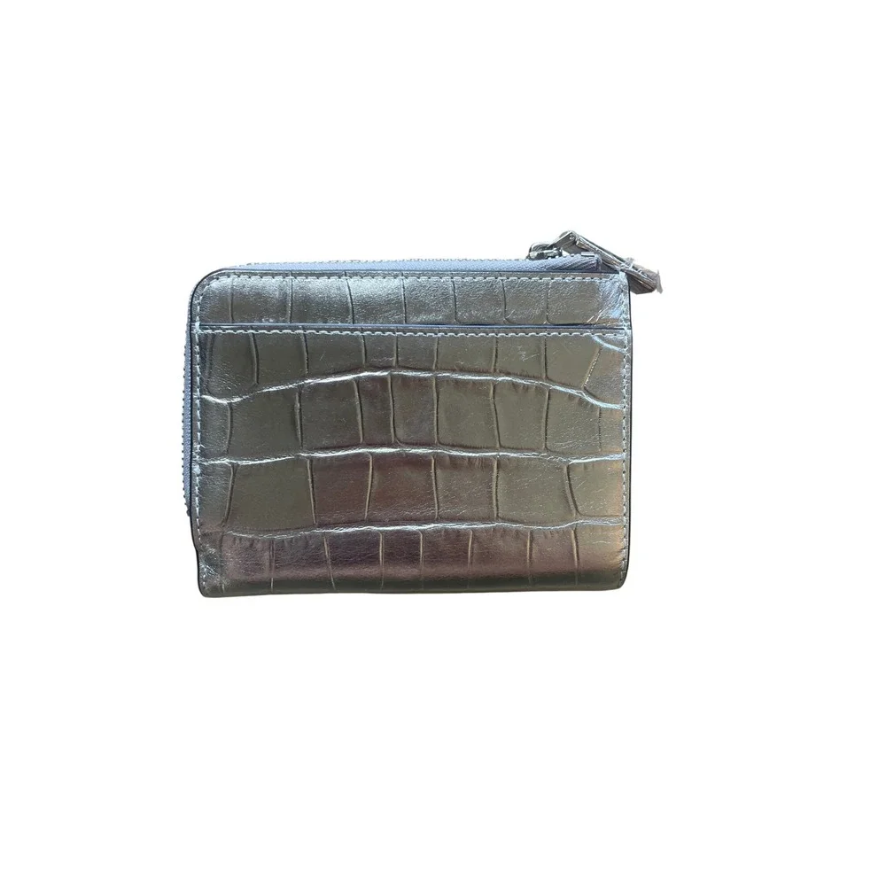 Madison Kate Spade Metallic Silver Croc Embossed Leather Bifold Wallet L-Zip